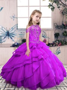 Purple Organza Lace Up High-neck Sleeveless Floor Length Pageant Dress Womens Beading and Ruffled Layers
