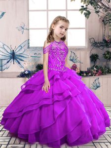 Purple Organza Lace Up High-neck Sleeveless Floor Length Pageant Dress Womens Beading and Ruffled Layers