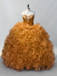 Sleeveless Organza Lace Up 15th Birthday Dress in Gold with Sequins