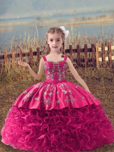 Unique Hot Pink Little Girl Pageant Dress Straps Sleeveless Sweep Train Lace Up
