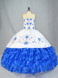 Stylish Blue And White Sweetheart Neckline Embroidery and Ruffled Layers Sweet 16 Dress Sleeveless Lace Up