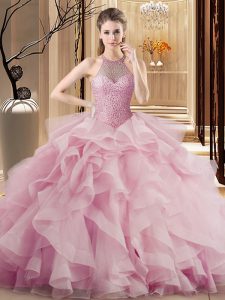 Pink 15 Quinceanera Dress Organza Sweep Train Sleeveless Beading and Ruffles