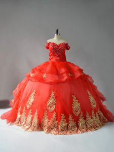 Red Sleeveless Court Train Appliques and Hand Made Flower 15th Birthday Dress