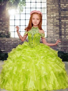 Discount Sleeveless Floor Length Beading and Ruffles Lace Up Little Girl Pageant Gowns with Yellow Green