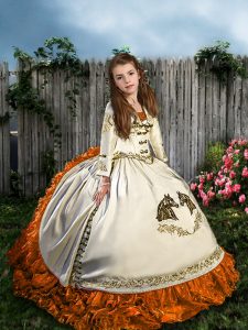 Fantastic Straps Sleeveless Pageant Gowns Sweep Train Embroidery and Ruffles White Satin and Organza