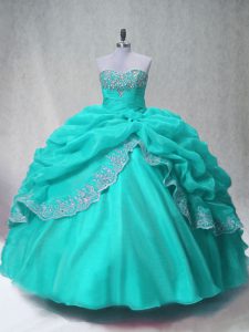Attractive Aqua Blue Organza Lace Up Sweetheart Sleeveless Floor Length Quinceanera Gowns Beading and Appliques