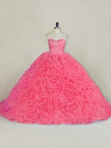 Customized Halter Top Sleeveless Quince Ball Gowns Court Train Beading and Ruffles Red Fabric With Rolling Flowers