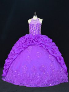 Smart Purple Sweet 16 Dresses Sweet 16 and Quinceanera with Beading and Appliques and Embroidery and Pick Ups High-neck Sleeveless Lace Up