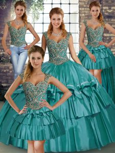 Exquisite Teal Ball Gowns Straps Sleeveless Taffeta Floor Length Lace Up Beading and Ruffled Layers Quinceanera Dresses