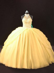 Sexy Floor Length Gold Quinceanera Gown Halter Top Sleeveless Lace Up