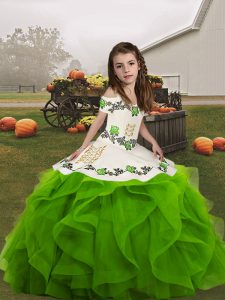 Green Lace Up Little Girl Pageant Gowns Embroidery and Ruffles Sleeveless Floor Length