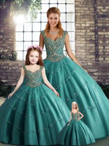 Teal Ball Gowns Tulle Straps Sleeveless Beading and Appliques Floor Length Lace Up Ball Gown Prom Dress