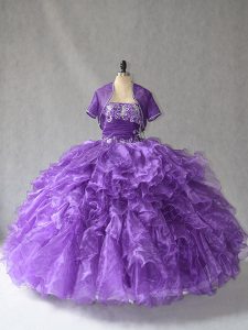 Stylish Sleeveless Floor Length Beading and Ruffles Lace Up 15th Birthday Dress with Purple