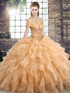 Gold Lace Up Quinceanera Gown Beading and Ruffles Sleeveless Brush Train