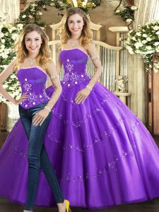 Purple Two Pieces Strapless Sleeveless Tulle Floor Length Lace Up Beading Quince Ball Gowns