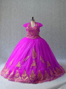 Stylish Sweetheart Sleeveless Court Train Lace Up Quince Ball Gowns Fuchsia Tulle