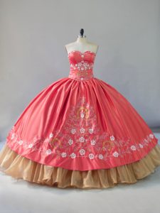 Unique Watermelon Red Sweetheart Neckline Embroidery Quinceanera Gowns Sleeveless Lace Up