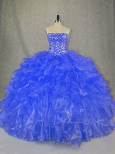 Dynamic Strapless Sleeveless Lace Up Ball Gown Prom Dress Blue Organza