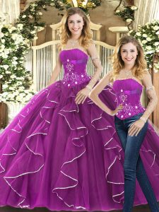 Trendy Strapless Sleeveless 15 Quinceanera Dress Beading and Ruffles Purple Tulle