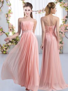 Strapless Sleeveless Dama Dress for Quinceanera Sweep Train Beading Pink Chiffon