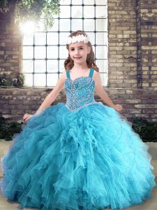 Beading and Ruffles Little Girl Pageant Gowns Aqua Blue Lace Up Sleeveless Floor Length