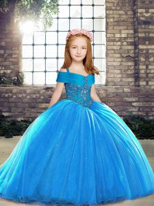 Baby Blue Little Girls Pageant Dress Party and Sweet 16 and Wedding Party with Beading Straps Sleeveless Brush Train Lace Up