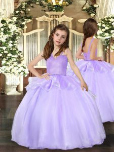 Super Lavender Ball Gowns Straps Sleeveless Organza Floor Length Lace Up Beading Little Girl Pageant Gowns