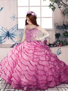 Classical Lace Up Little Girl Pageant Gowns Pink for Party and Military Ball and Wedding Party with Beading and Ruffled Layers Court Train