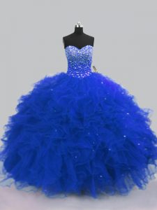 Royal Blue Tulle Lace Up Quinceanera Gown Sleeveless Floor Length Beading and Ruffles