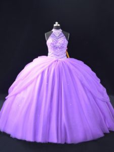 Lavender Tulle Halter Top Sleeveless Floor Length Quinceanera Dresses Beading and Pick Ups
