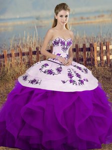 Embroidery and Ruffles and Bowknot Ball Gown Prom Dress White And Purple Lace Up Sleeveless Floor Length