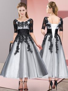 Customized Scoop Short Sleeves Lace Up Quinceanera Dama Dress Grey Tulle
