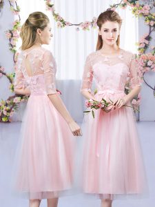 Eye-catching Baby Pink Empire Lace and Belt Quinceanera Dama Dress Lace Up Tulle Half Sleeves Tea Length