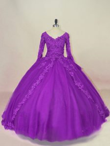 Fabulous V-neck Long Sleeves Sweet 16 Dress Floor Length Appliques Purple Tulle
