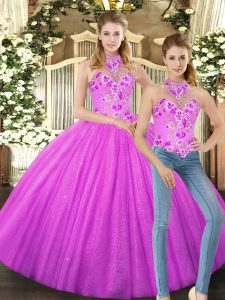 Two Pieces Quinceanera Gown Lilac Halter Top Tulle Sleeveless Floor Length Lace Up