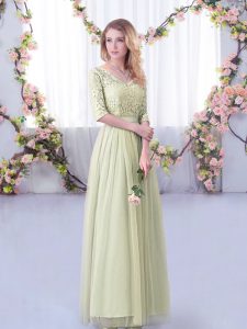 Gorgeous Lace and Belt Dama Dress Yellow Green Side Zipper Half Sleeves Floor Length