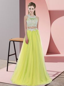 Yellow Tulle Zipper Halter Top Sleeveless Floor Length Court Dresses for Sweet 16 Lace