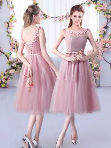Pink Sleeveless Tea Length Appliques and Belt Lace Up Quinceanera Dama Dress