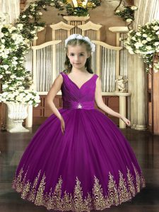Floor Length Backless Little Girls Pageant Dress Wholesale Eggplant Purple for Party and Wedding Party with Embroidery