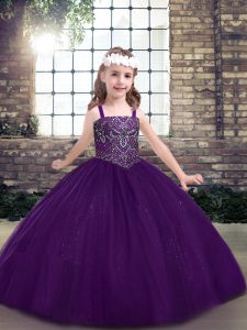 Superior Eggplant Purple Ball Gowns Beading Kids Formal Wear Lace Up Tulle Sleeveless Floor Length