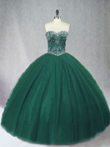 Dark Green Lace Up Sweetheart Beading Ball Gown Prom Dress Tulle Sleeveless