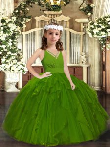 Olive Green Tulle Zipper Straps Sleeveless Floor Length Pageant Dress Wholesale Ruffles