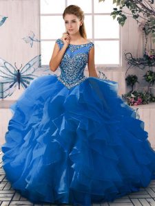 Dynamic Blue Ball Gowns Beading and Ruffles Quinceanera Dress Zipper Organza Sleeveless Floor Length