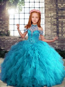 Sleeveless Floor Length Beading and Ruffles Lace Up Little Girls Pageant Dress with Aqua Blue