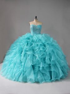 Sexy Aqua Blue Organza Lace Up Quinceanera Dresses Sleeveless Beading and Ruffles