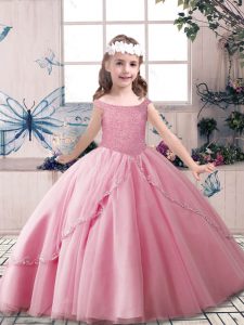 Pretty Off The Shoulder Sleeveless Lace Up Girls Pageant Dresses Rose Pink Tulle