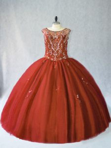 Beading Sweet 16 Quinceanera Dress Rust Red Lace Up Sleeveless Floor Length