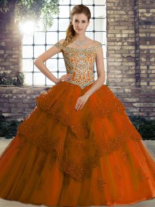 Sleeveless Brush Train Beading and Lace Lace Up Quince Ball Gowns