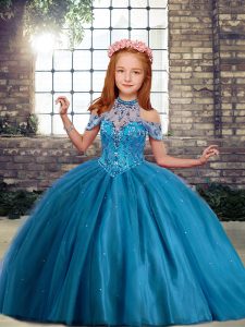 Custom Fit High-neck Sleeveless Lace Up Pageant Dress for Teens Blue Tulle