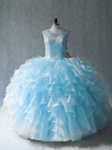 Blue Lace Up Scoop Beading and Ruffles Vestidos de Quinceanera Organza Sleeveless